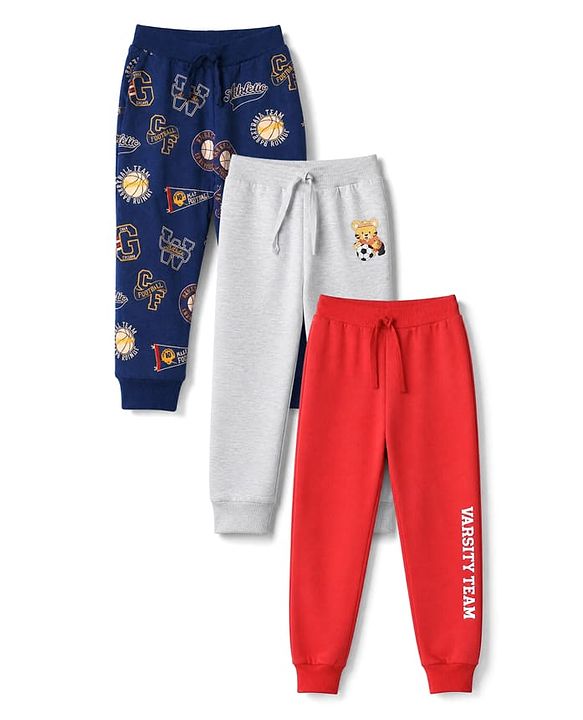 Babyhug 100% Cotton Single Jersey Knit Full Length Lounge Pant With Text & Cartoon Print Pack of 3 - Red