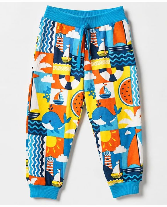 Babyhug Cotton Single Jersey Knit Full Length Lounge Pants with Text Print Pack of 3 - Navy Blue, Orange & Blue