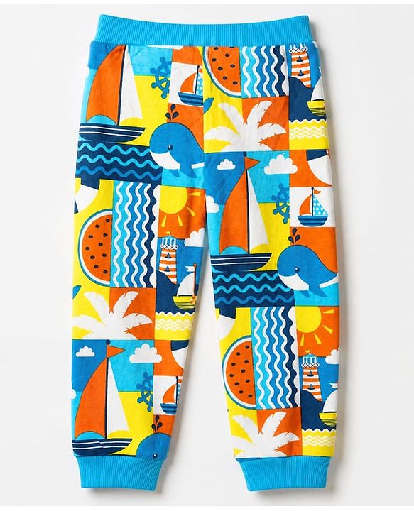 Babyhug Cotton Single Jersey Knit Full Length Lounge Pants with Text Print Pack of 3 - Navy Blue, Orange & Blue