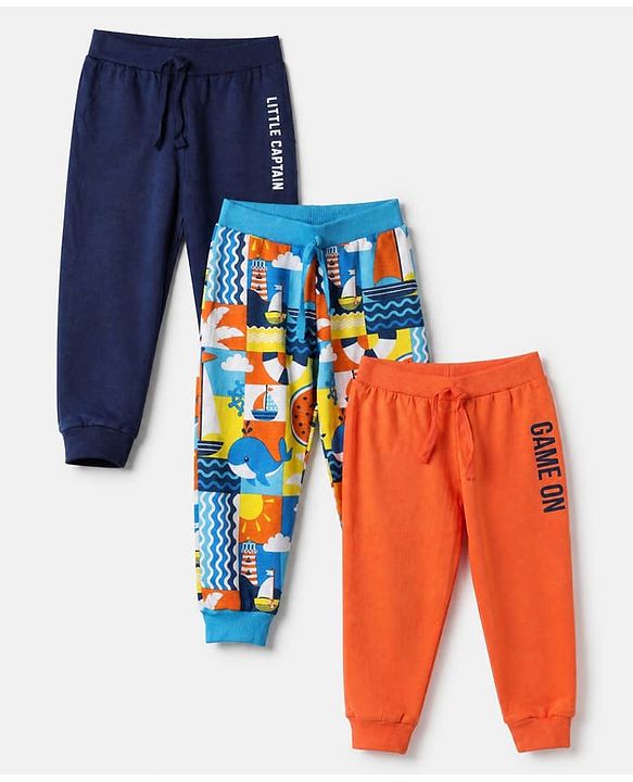 Babyhug Cotton Single Jersey Knit Full Length Lounge Pants with Text Print Pack of 3 - Navy Blue, Orange & Blue