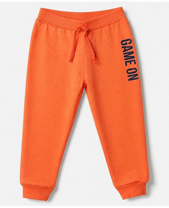 Babyhug Cotton Single Jersey Knit Full Length Lounge Pants with Text Print Pack of 3 - Navy Blue, Orange & Blue