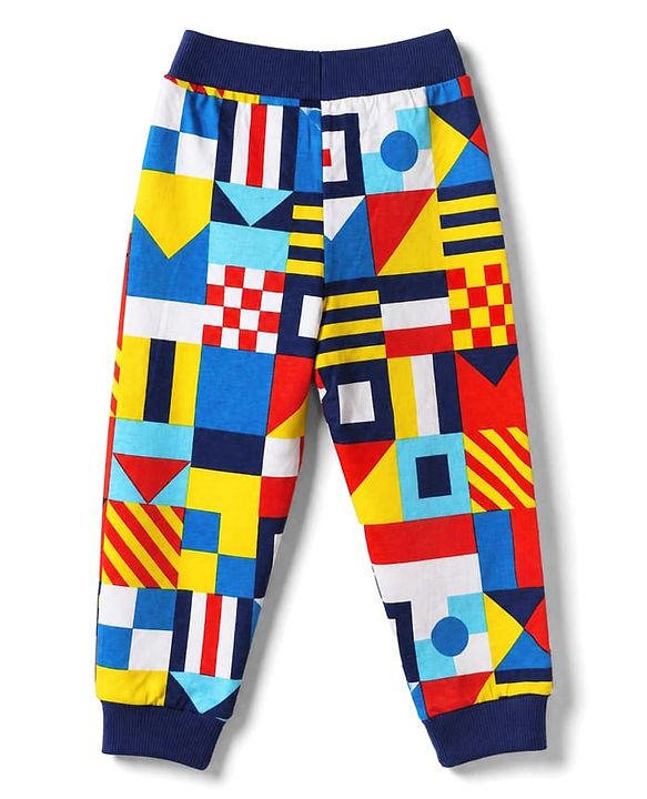 Babyhug Cotton Single Jersey Knit Full Length Lounge Pants with Abstract Print Pack Of 3 - Red, Navy Blue