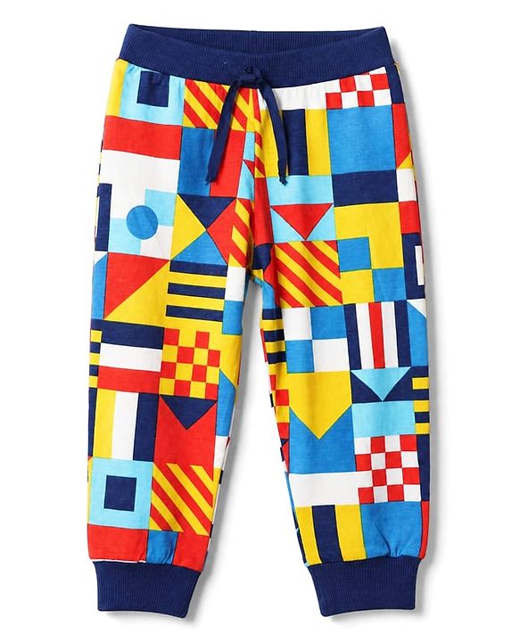 Babyhug Cotton Single Jersey Knit Full Length Lounge Pants with Abstract Print Pack Of 3 - Red, Navy Blue