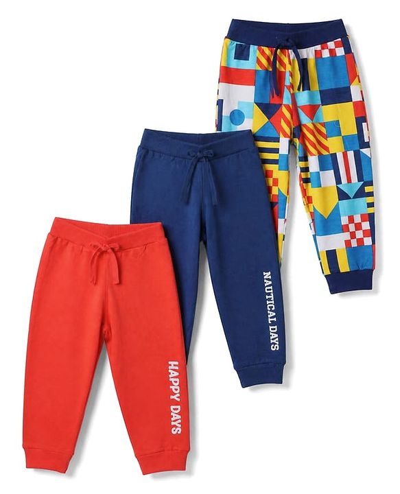 Babyhug Cotton Single Jersey Knit Full Length Lounge Pants with Abstract Print Pack Of 3 - Red, Navy Blue