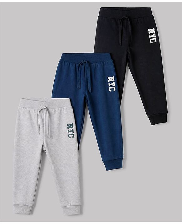 Babyhug Cotton Knit Full Length Jogger Fit With Lounge Pant and Nyc Print Pack of 3 - Black Navy Blue Grey