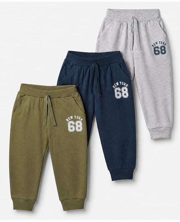 Babyhug Cotton Single Jersey Knit Jogger Fit Full Length Lounge Pant with New York 68 Print Pack of 3 in Navy Blue Grey Olive Green