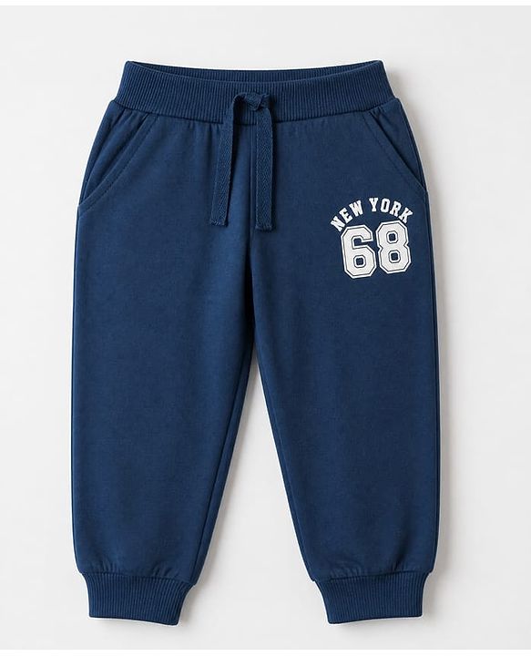 Babyhug Cotton Single Jersey Knit Jogger Fit Full Length Lounge Pant with New York 68 Print Pack of 3 in Navy Blue Grey Olive Green
