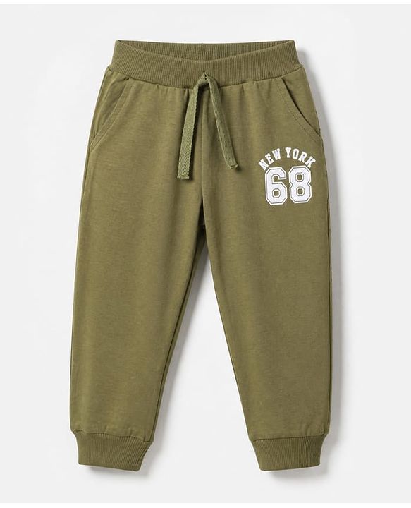 Babyhug Cotton Single Jersey Knit Jogger Fit Full Length Lounge Pant with New York 68 Print Pack of 3 in Navy Blue Grey Olive Green