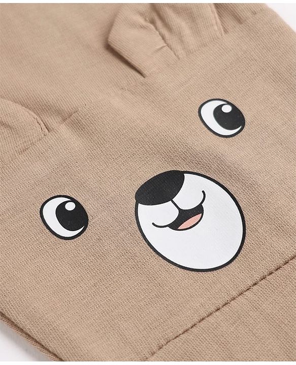 Babyhug Cotton Jersey Knit Jogger Fit Full Length Lounge Pant With Bear Print & Ear Applique in Brown