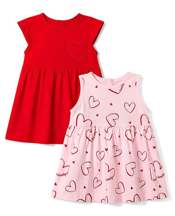 Babyhug 100% Cotton Single Jersey Knit Half Sleeves Frocks with Heart Print & Patch Pack of 2 - Red & Pink