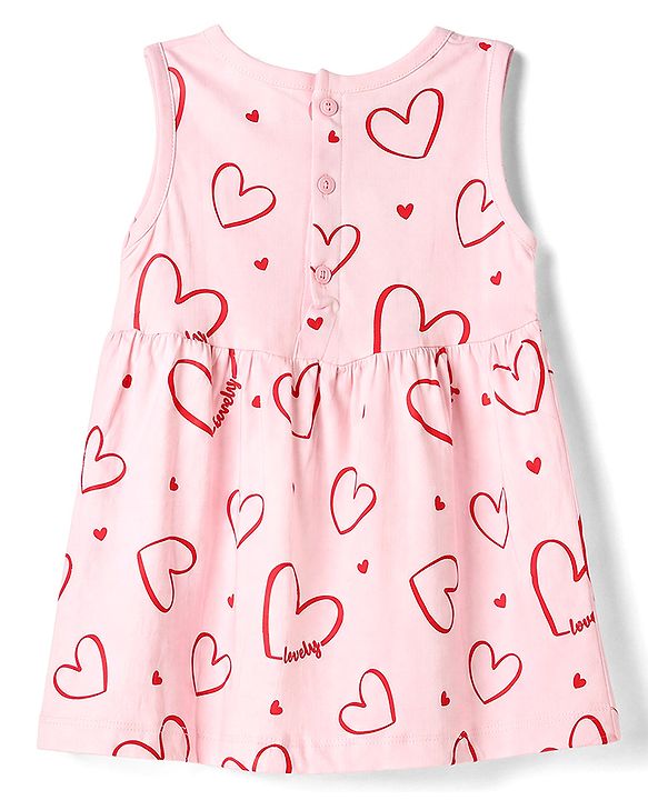 Babyhug 100% Cotton Single Jersey Knit Half Sleeves Frocks with Heart Print & Patch Pack of 2 - Red & Pink