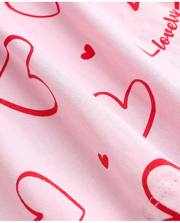Babyhug 100% Cotton Single Jersey Knit Half Sleeves Frocks with Heart Print & Patch Pack of 2 - Red & Pink