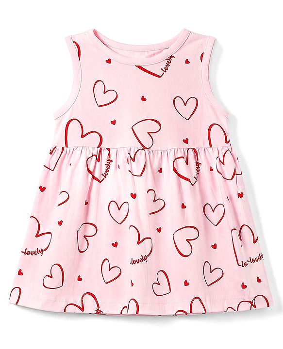 Babyhug 100% Cotton Single Jersey Knit Half Sleeves Frocks with Heart Print & Patch Pack of 2 - Red & Pink