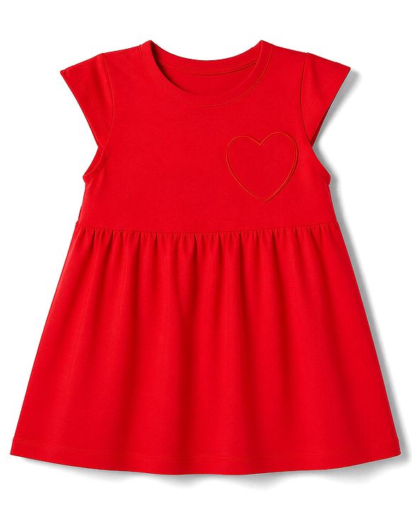 Babyhug 100% Cotton Single Jersey Knit Half Sleeves Frocks with Heart Print & Patch Pack of 2 - Red & Pink
