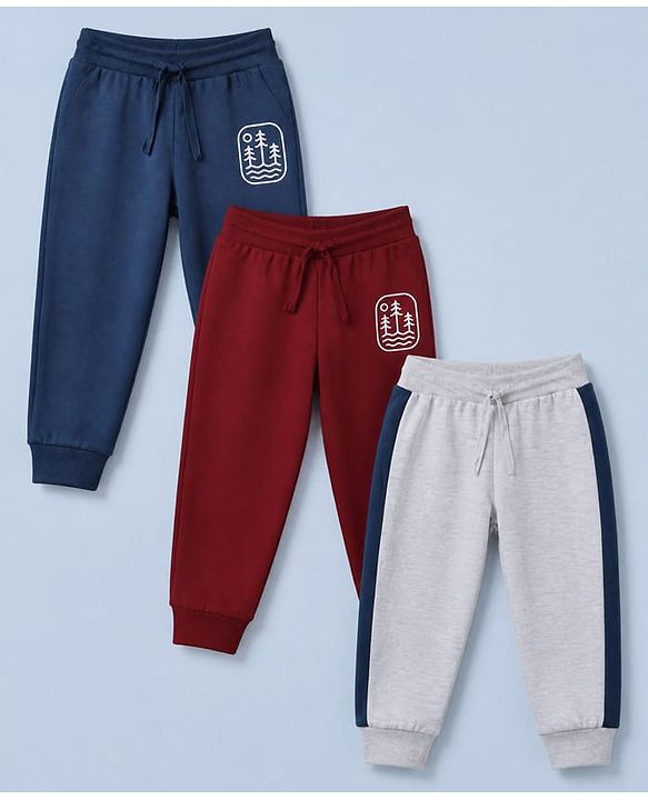 Babyhug Single Jersey Knit Full Length Jogger Lounge Pant and Landscape Print Pack of 3 In Blue Grey Maroon