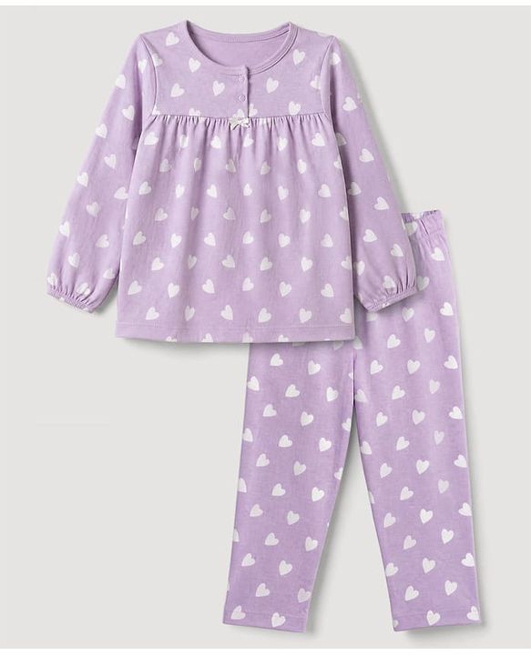 Babyhug 100% Cotton Knit Full Sleeves Co-Ords Top & Pyjama Night Suit with Heart Print - Lavender