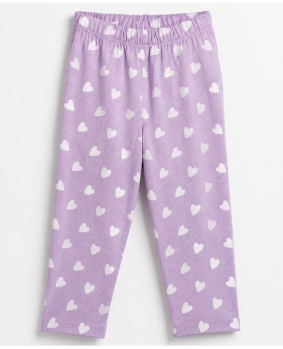 Babyhug 100% Cotton Knit Full Sleeves Co-Ords Top & Pyjama Night Suit with Heart Print - Lavender