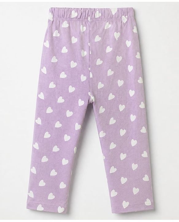 Babyhug 100% Cotton Knit Full Sleeves Co-Ords Top & Pyjama Night Suit with Heart Print - Lavender