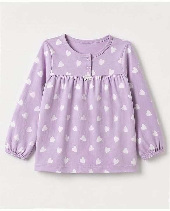 Babyhug 100% Cotton Knit Full Sleeves Co-Ords Top & Pyjama Night Suit with Heart Print - Lavender