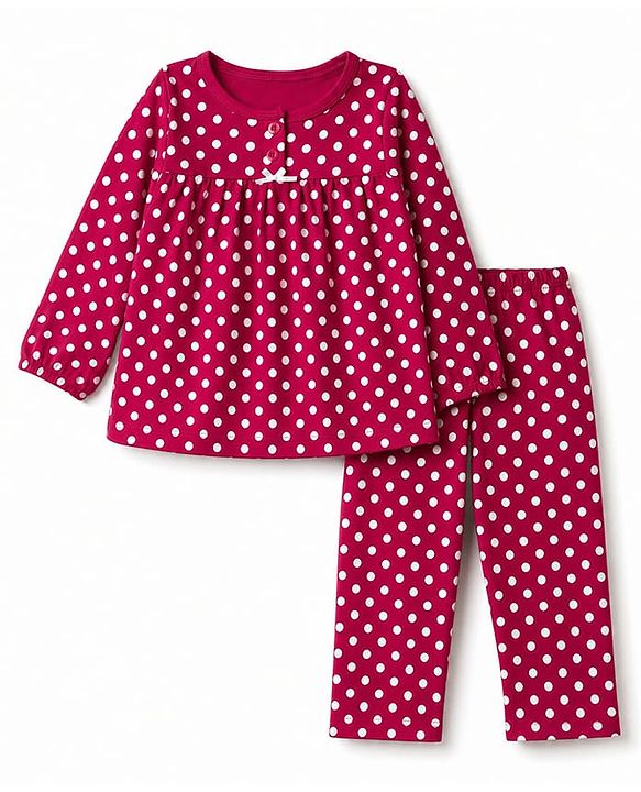 Babyhug 100% Cotton Knit Full Sleeves Co-Ords T-Shirt & Pyjama Night Suit with Polka Dots Print - Red