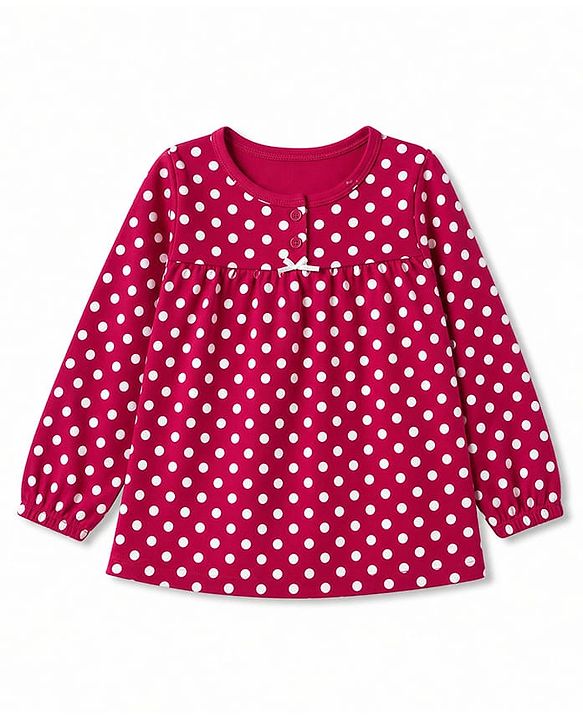 Babyhug 100% Cotton Knit Full Sleeves Co-Ords T-Shirt & Pyjama Night Suit with Polka Dots Print - Red