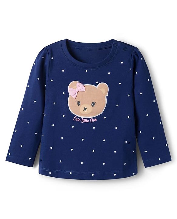 Babyhug 100% Cotton Knit Full Sleeves Polka Dots Printed T-Shirt & Pyjama Night Suit with Bear Patch - Navy Blue