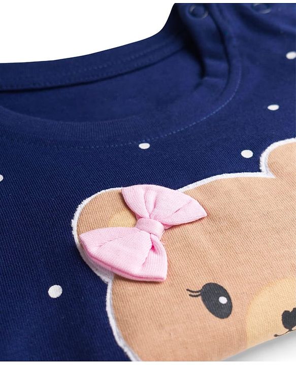 Babyhug 100% Cotton Knit Full Sleeves Polka Dots Printed T-Shirt & Pyjama Night Suit with Bear Patch - Navy Blue