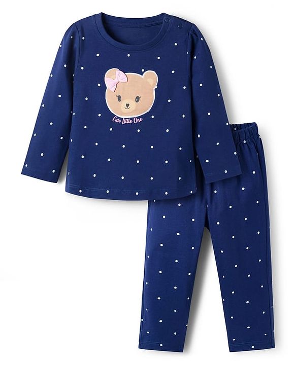 Babyhug 100% Cotton Knit Full Sleeves Polka Dots Printed T-Shirt & Pyjama Night Suit with Bear Patch - Navy Blue
