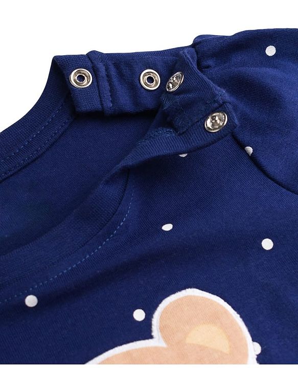 Babyhug 100% Cotton Knit Full Sleeves Polka Dots Printed T-Shirt & Pyjama Night Suit with Bear Patch - Navy Blue