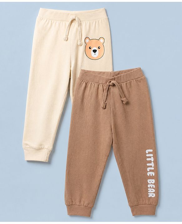 Babyhug 100% Cotton Single Jersey Knit Full Length Lounge Pant With Bear & Text Print Pack of 2 - Brown Cream