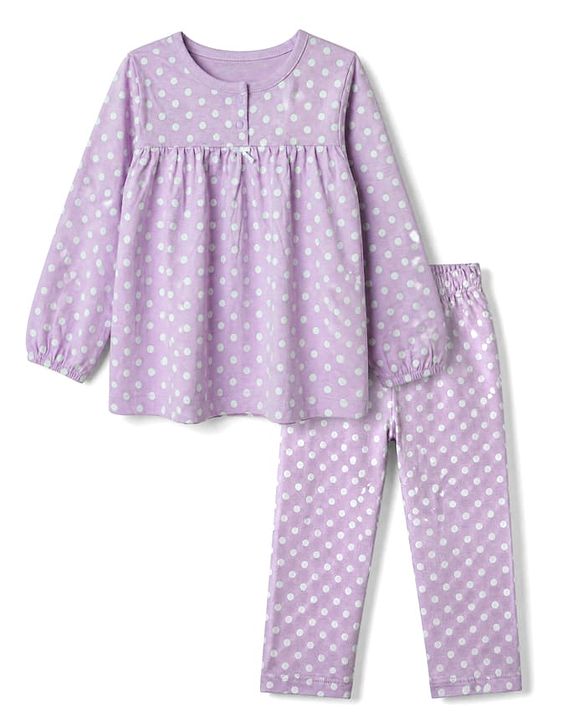 Babyhug 100% Cotton Knit Full Sleeves Co-Ords Top & Pyjama Night Suit with Polka Dots Print - Lavender