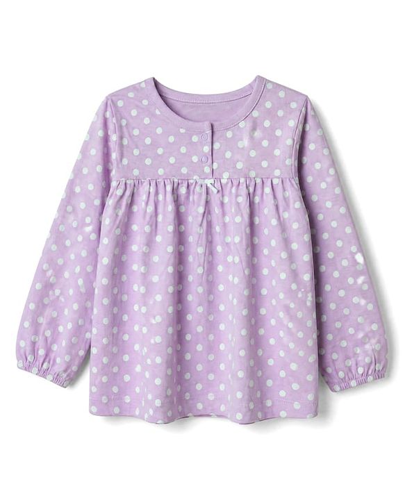 Babyhug 100% Cotton Knit Full Sleeves Co-Ords Top & Pyjama Night Suit with Polka Dots Print - Lavender