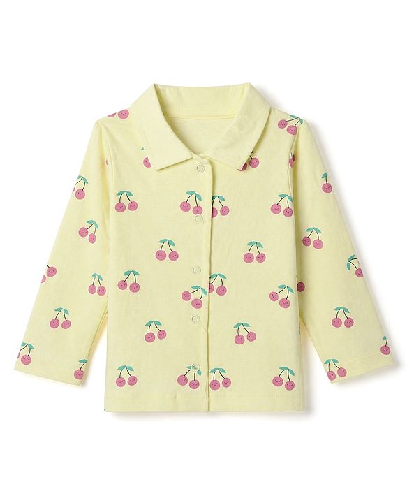 Babyhug 100% Cotton Knit Full Sleeves Co-Ords Shirt & Pyjama Night Suit with Cherry Print - Yellow