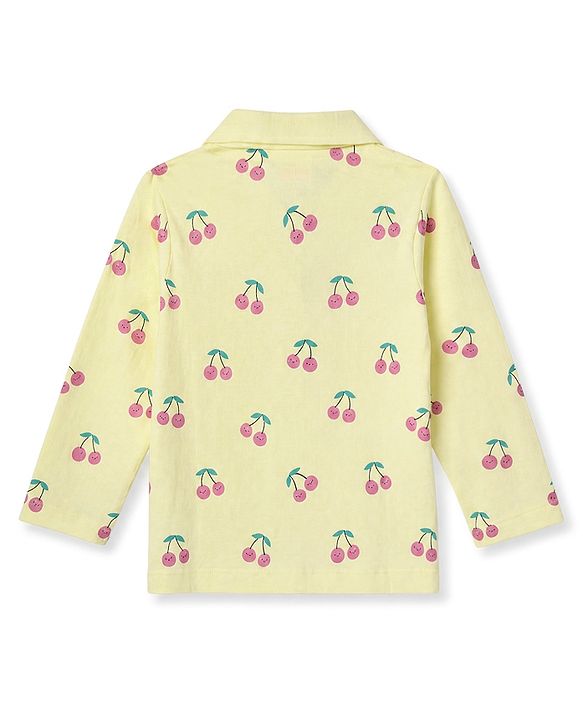 Babyhug 100% Cotton Knit Full Sleeves Co-Ords Shirt & Pyjama Night Suit with Cherry Print - Yellow