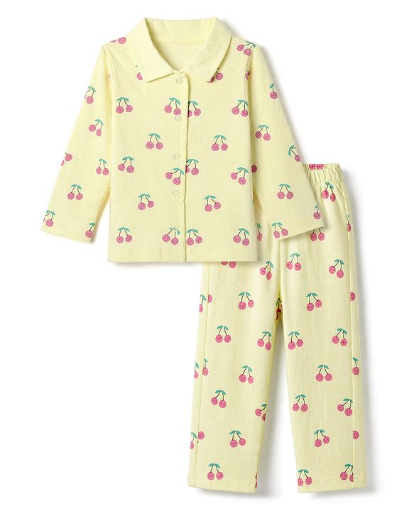 Babyhug 100% Cotton Knit Full Sleeves Co-Ords Shirt & Pyjama Night Suit with Cherry Print - Yellow