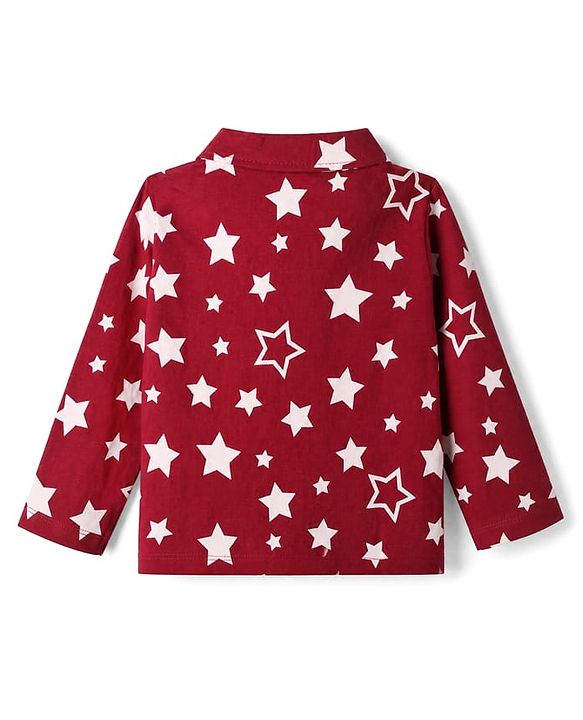 Babyhug Cotton Knit Full Sleeves Front open Co-ord Shirt & Pyjama Night Suit with Star Print in Red