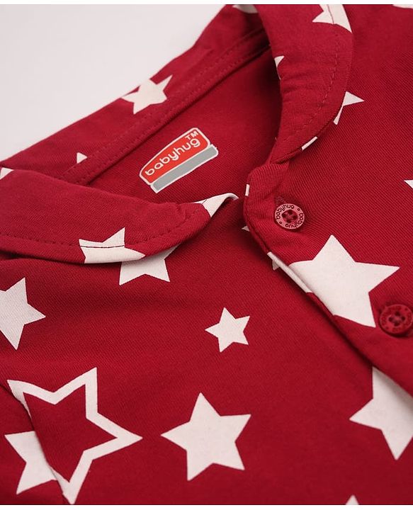 Babyhug Cotton Knit Full Sleeves Front open Co-ord Shirt & Pyjama Night Suit with Star Print in Red