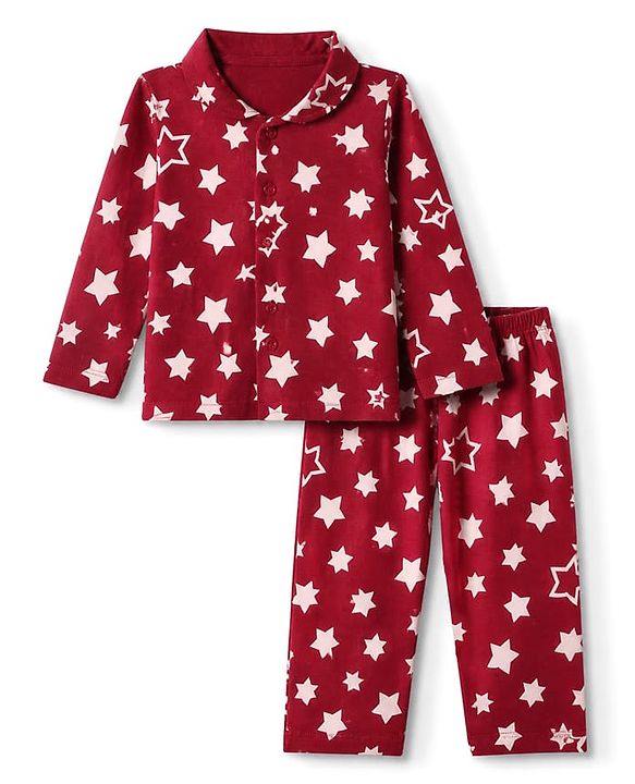 Babyhug Cotton Knit Full Sleeves Front open Co-ord Shirt & Pyjama Night Suit with Star Print in Red
