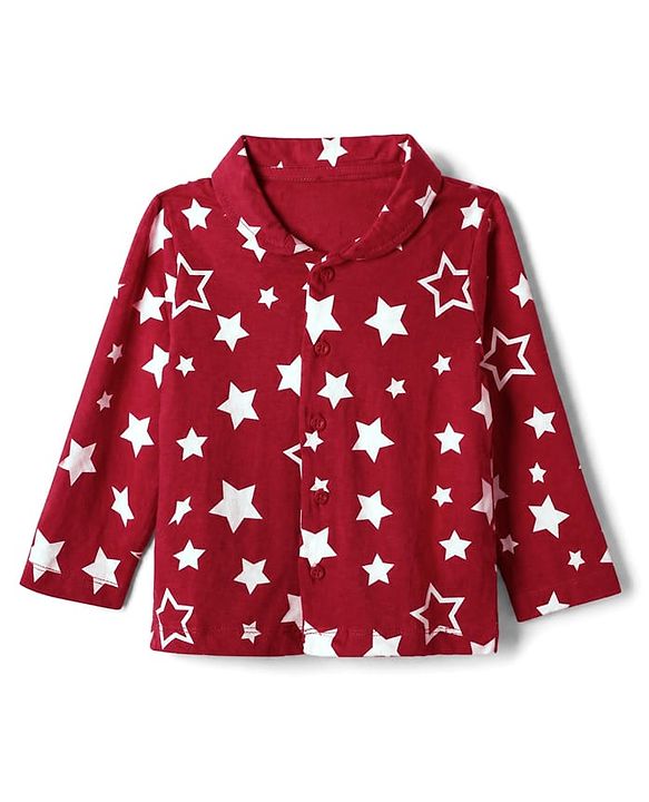 Babyhug Cotton Knit Full Sleeves Front open Co-ord Shirt & Pyjama Night Suit with Star Print in Red