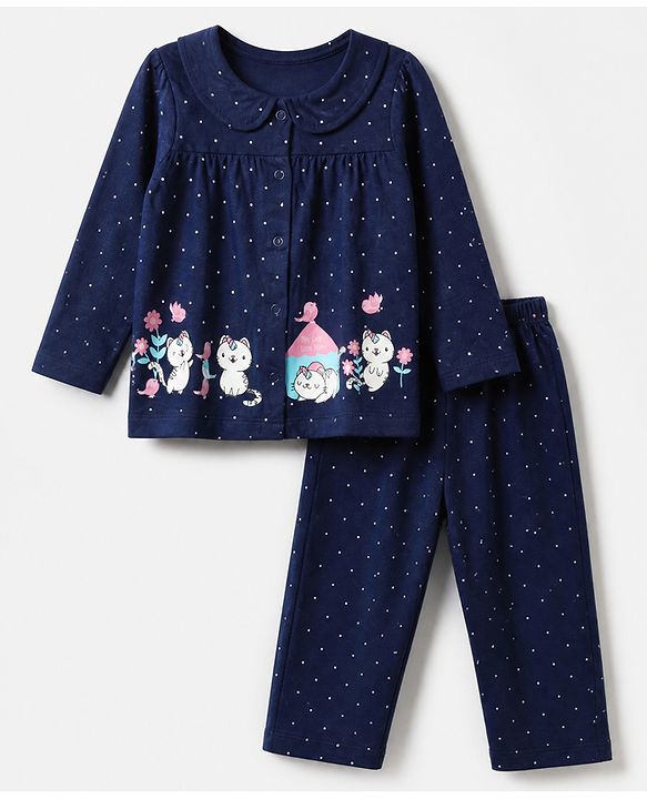 Babyhug Cotton Knit Full Sleeves Front Open Co-ord Shirt & Pajama Night Suit with My Cute Little Home Kitten & Polka Dots Print - Navy Blue