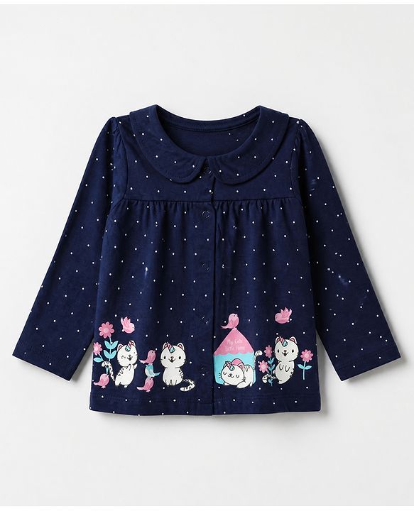 Babyhug Cotton Knit Full Sleeves Front Open Co-ord Shirt & Pajama Night Suit with My Cute Little Home Kitten & Polka Dots Print - Navy Blue