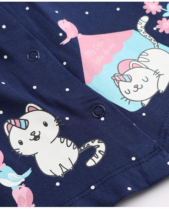 Babyhug Cotton Knit Full Sleeves Front Open Co-ord Shirt & Pajama Night Suit with My Cute Little Home Kitten & Polka Dots Print - Navy Blue