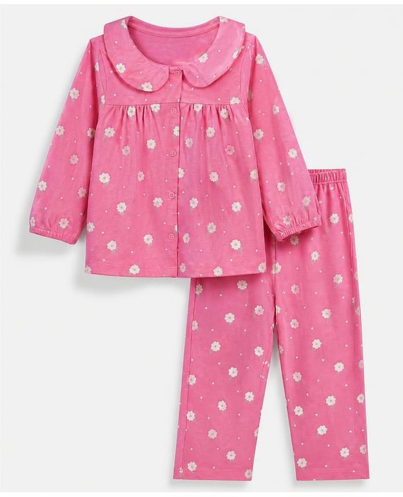 Babyhug 100% Cotton Knit Full Sleeves Co-Ords Top & Pyjama Night Suit with Floral Print -Dark Pink