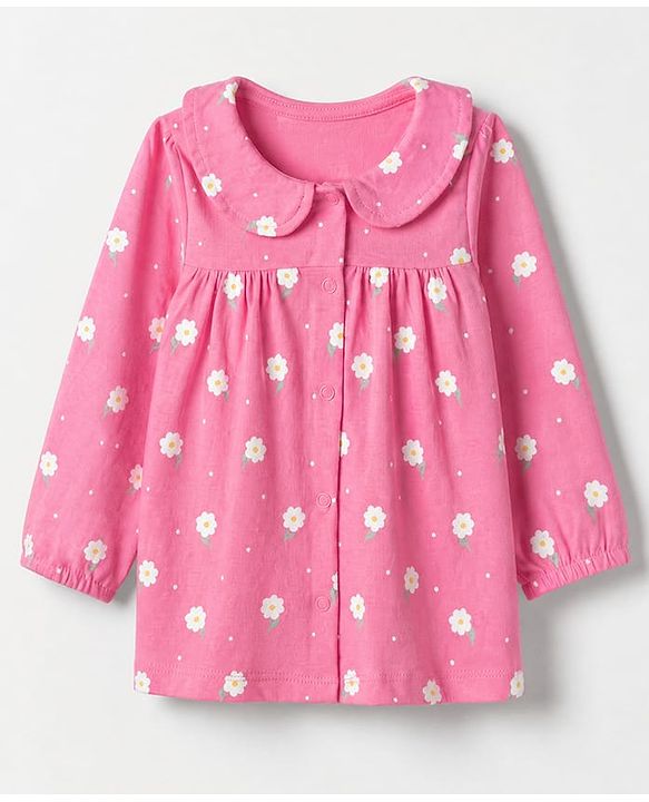 Babyhug 100% Cotton Knit Full Sleeves Co-Ords Top & Pyjama Night Suit with Floral Print -Dark Pink