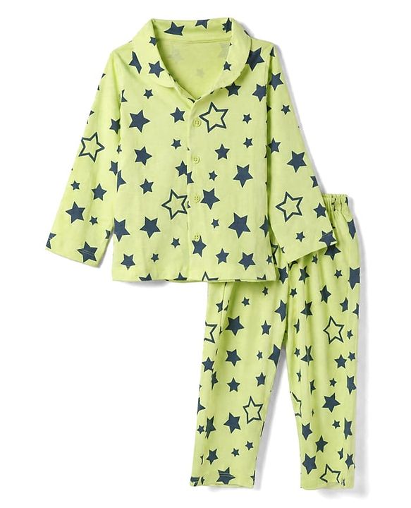 Babyhug Cotton Knit Full Sleeves Front open Co-ord Shirt & Pyjama Night Suit with Star Print in Green