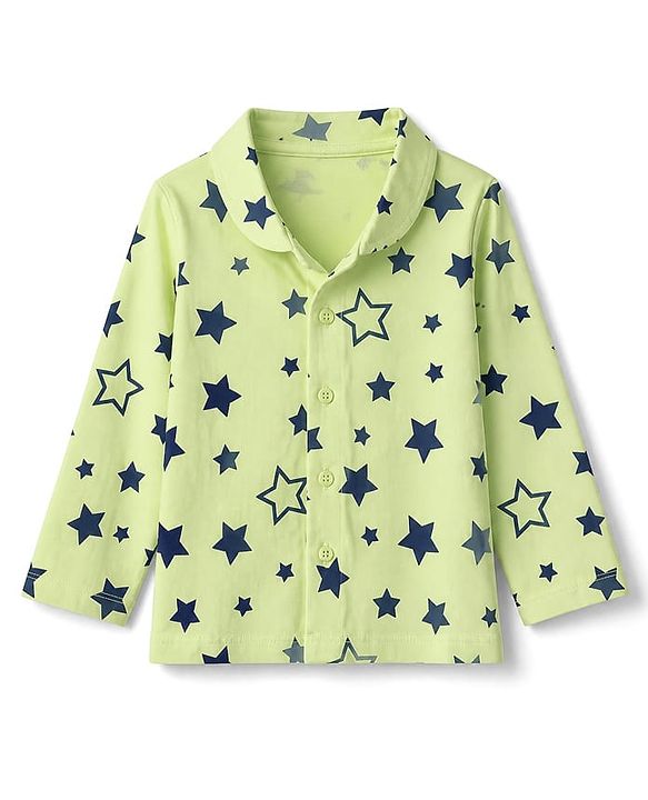 Babyhug Cotton Knit Full Sleeves Front open Co-ord Shirt & Pyjama Night Suit with Star Print in Green