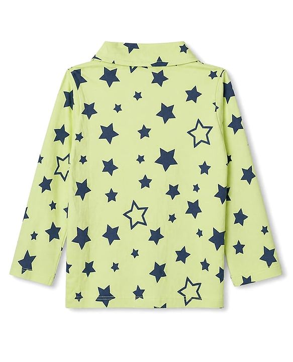 Babyhug Cotton Knit Full Sleeves Front open Co-ord Shirt & Pyjama Night Suit with Star Print in Green