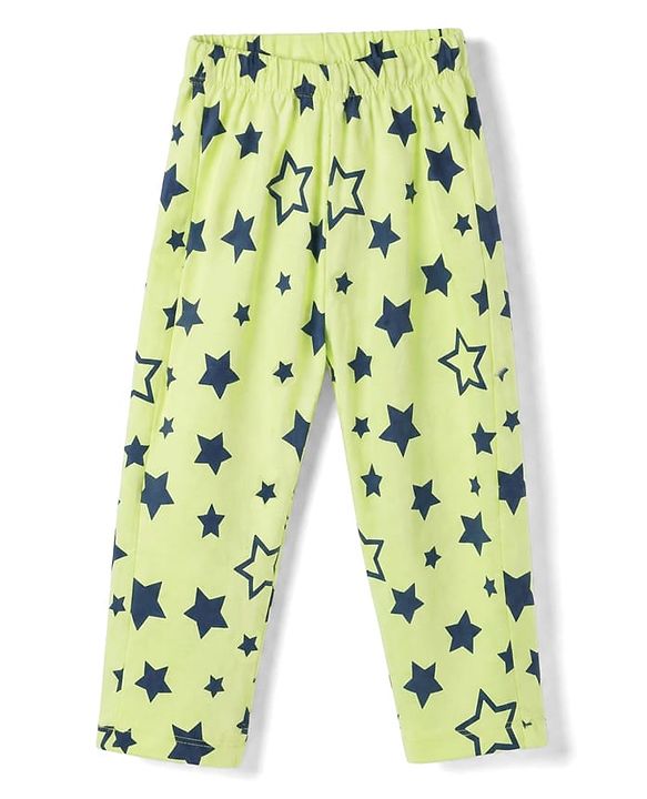 Babyhug Cotton Knit Full Sleeves Front open Co-ord Shirt & Pyjama Night Suit with Star Print in Green