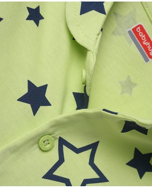 Babyhug Cotton Knit Full Sleeves Front open Co-ord Shirt & Pyjama Night Suit with Star Print in Green