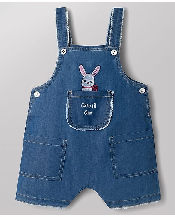ToffyHouse 100% Cotton Interlock Knit Half Sleeves T-Shirt & Dungaree with Floral Print & Bunny Embroidered - Navy Blue & White